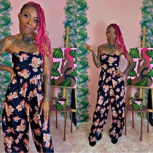 Long Black Floral Strapless Romper